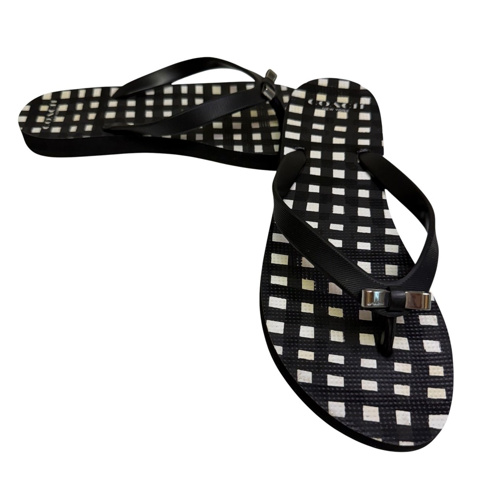 Coach Black White Gingham Check Bow Flip Flop Sandals Silver Logo Thong Size 7/8